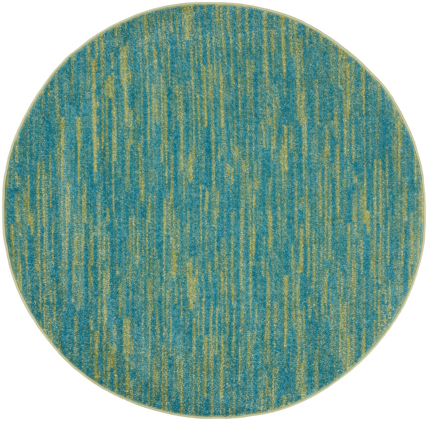 Round teal rug with lime-green vertical streaks; modern abstract pattern.
