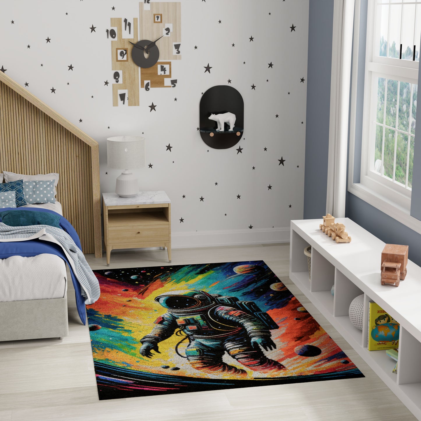 Colorful space-themed rug with an astronaut in a child's bedroom featuring star decals and modern white furniture.