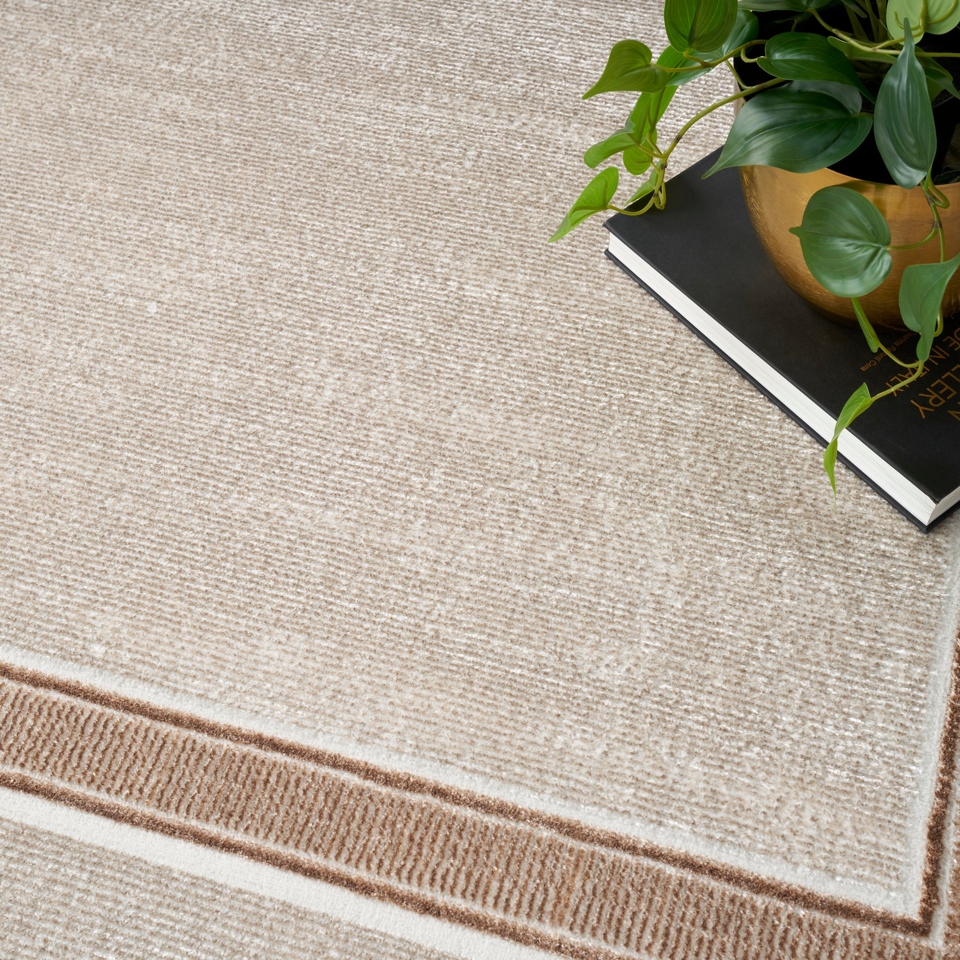 Beige textured rug with a white border, paired with a small green plant and a black book.