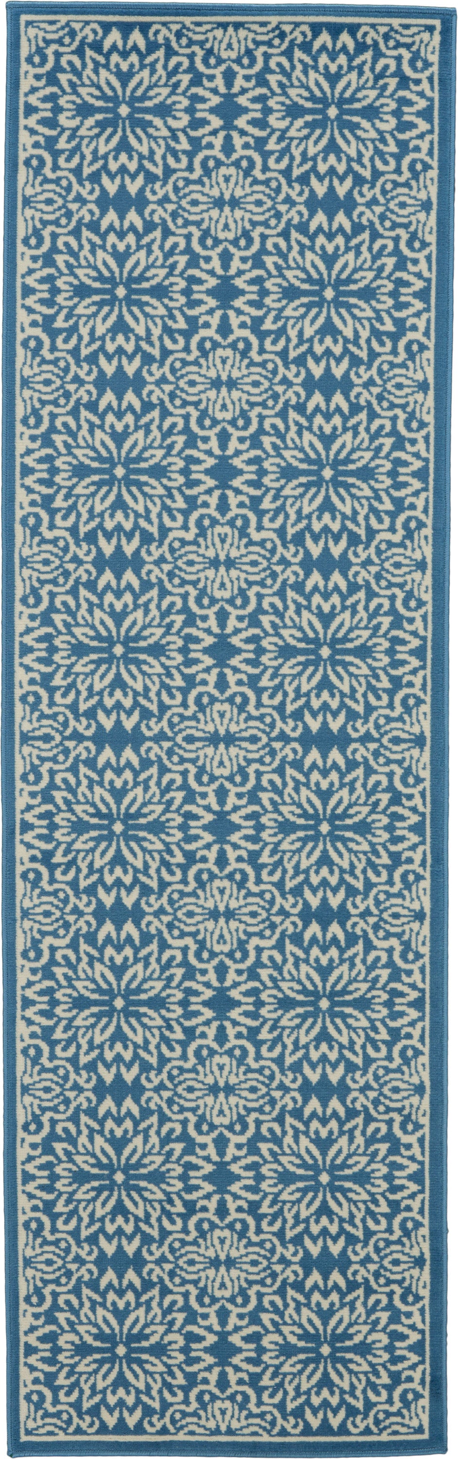 Blue and white patterned rug runner with ornate floral motifs, teal border, ideal for hallway or entryway decor.