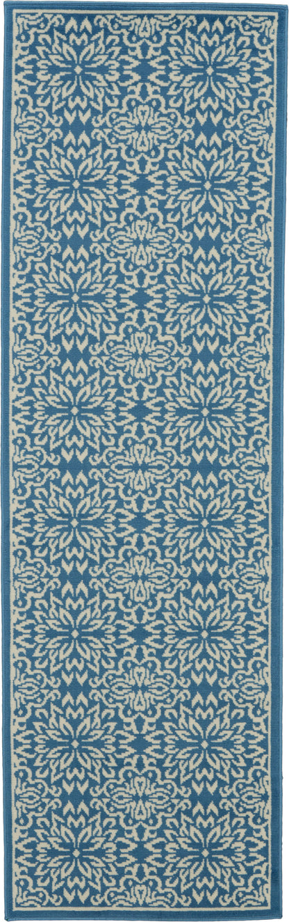 Blue and white patterned rug runner with ornate floral motifs, teal border, ideal for hallway or entryway decor.