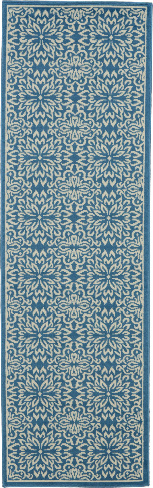 Blue and white patterned rug runner with ornate floral motifs, teal border, ideal for hallway or entryway decor.