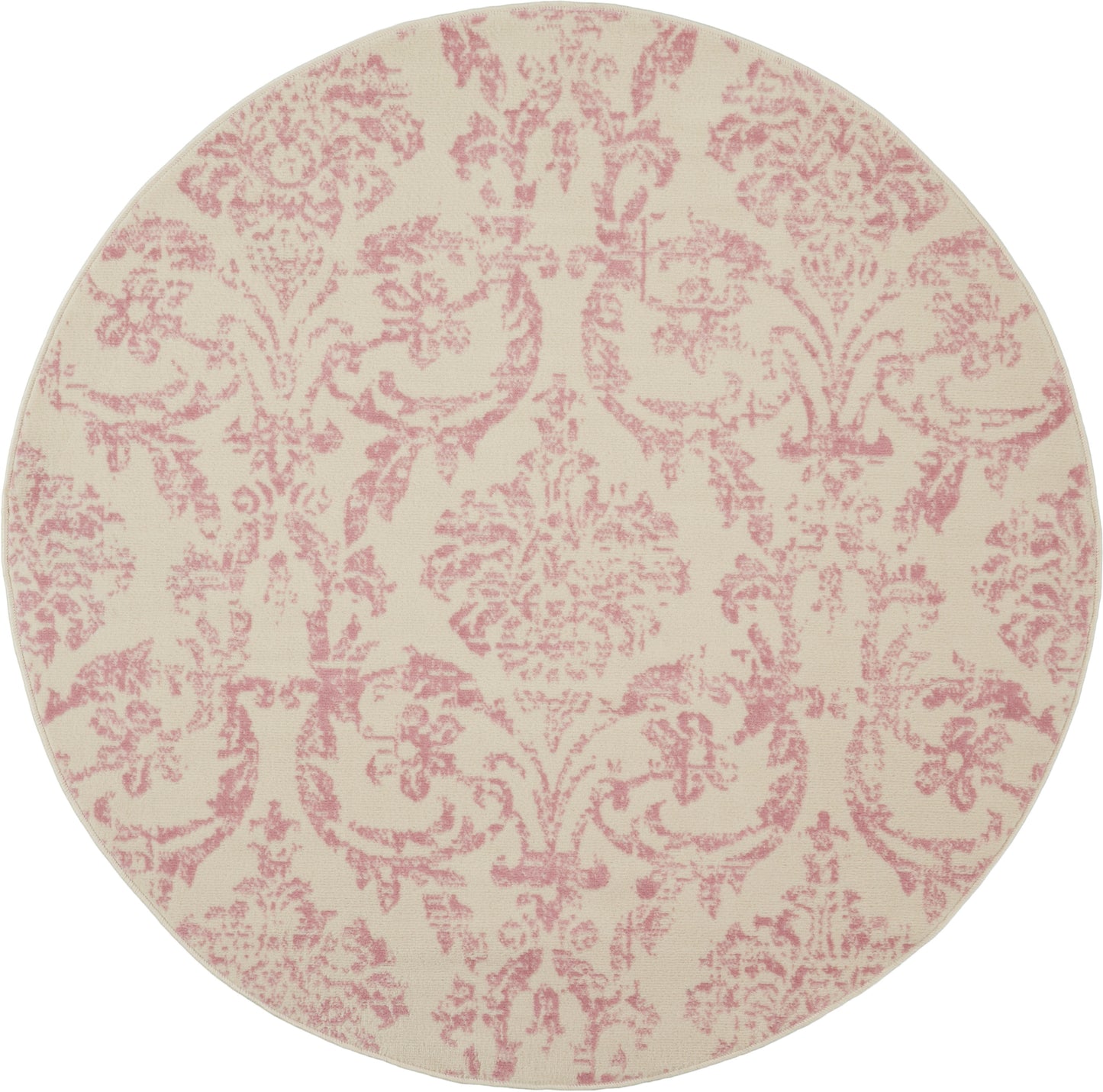 Round rug with pink damask pattern on cream background; vintage, elegant home décor.