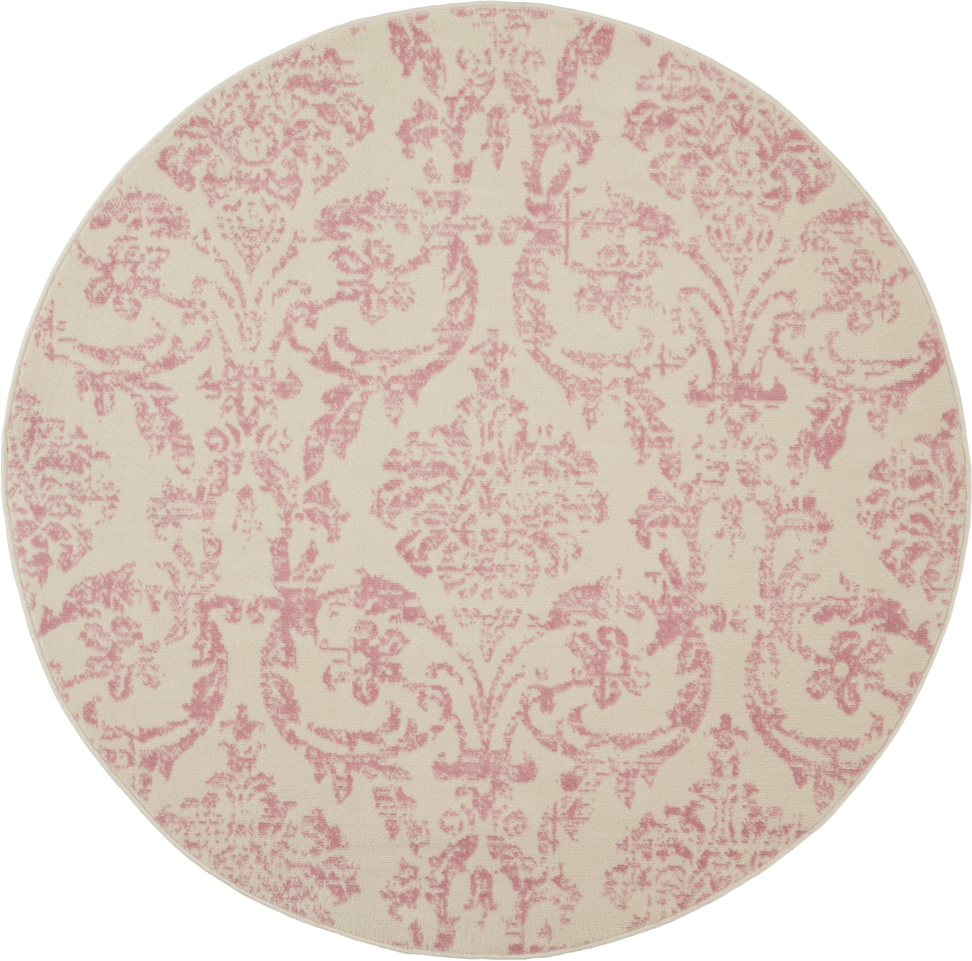 Round rug with pink damask pattern on cream background; vintage, elegant home décor.