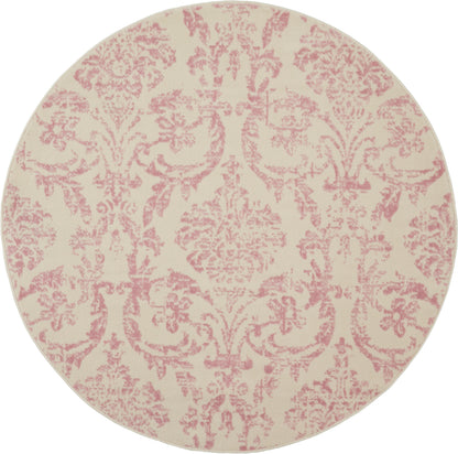 Round rug with pink damask pattern on cream background; vintage, elegant home décor.