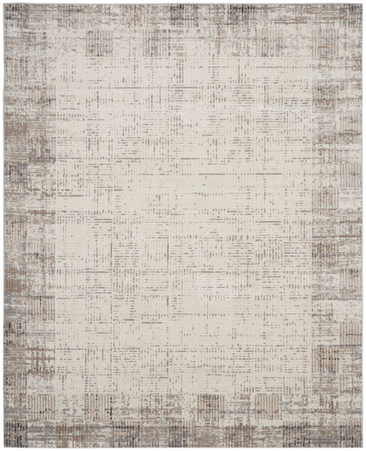 Neutral beige area rug with a subtle distressed taupe border and modern woven texture.