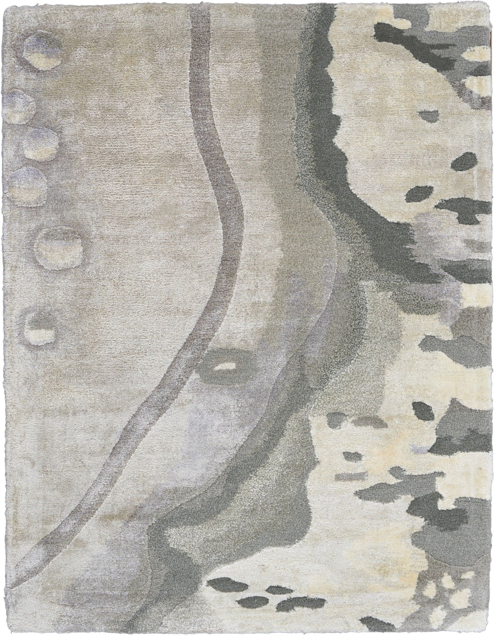 Abstract beige and gray area rug with soft pile; curved bands and muted, watercolor-like patterns.