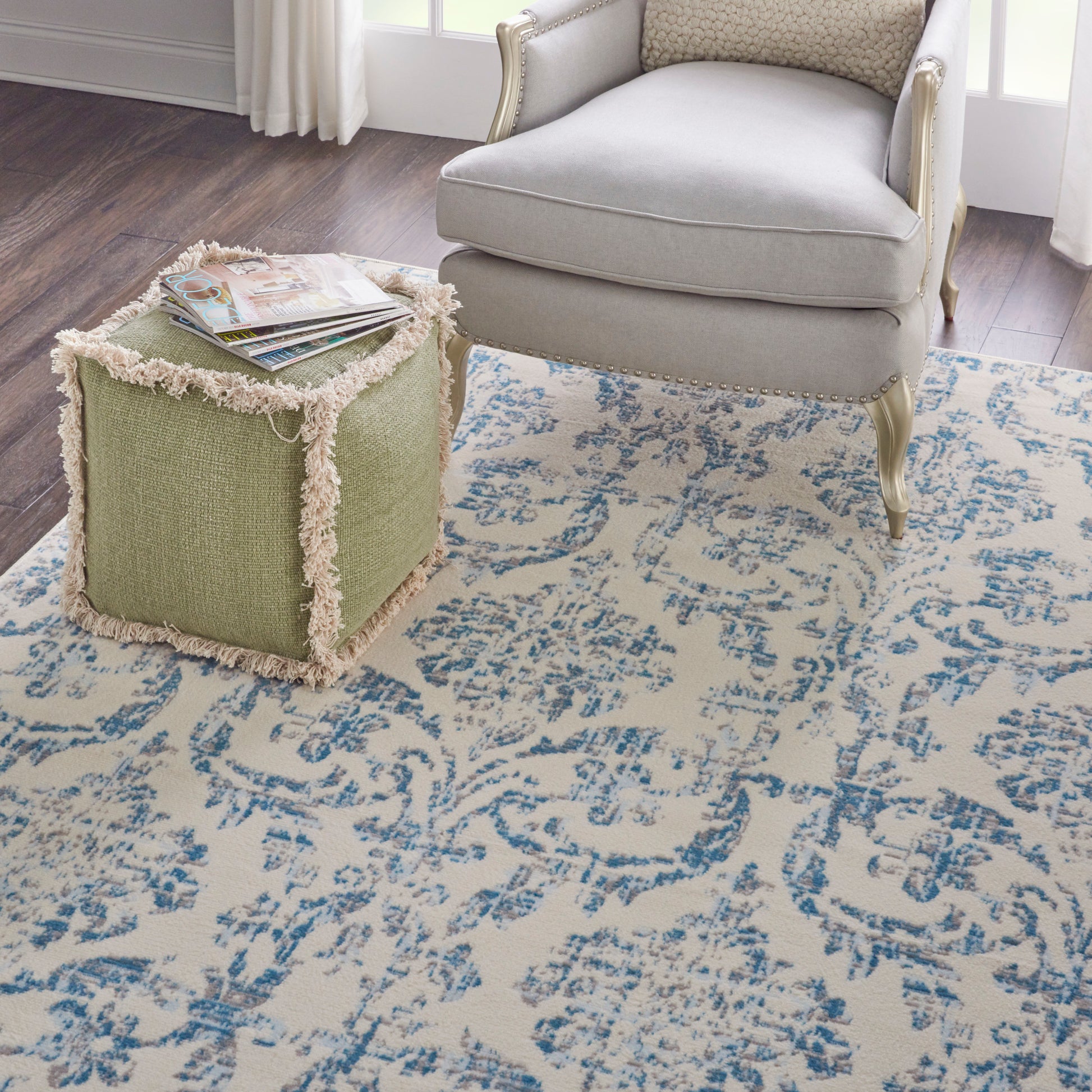 Blue patterned vintage rug, 7' x 10'.