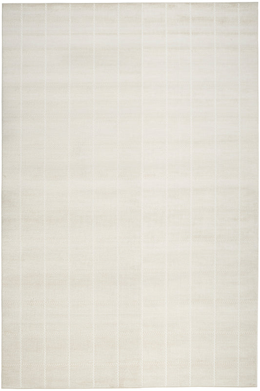 Beige woven area rug with subtle vertical grid pattern; neutral, modern floor cover.