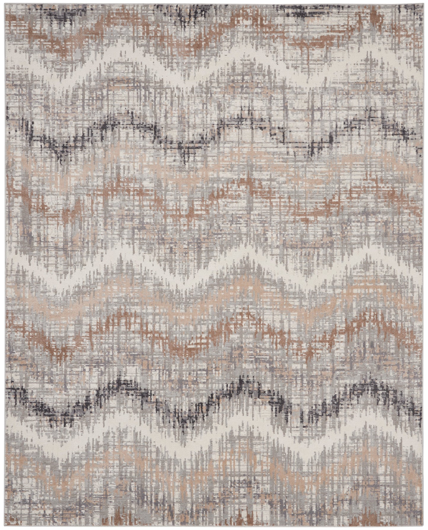 Distressed zigzag patterned area rug in beige, gray, taupe and rust tones with a woven texture.