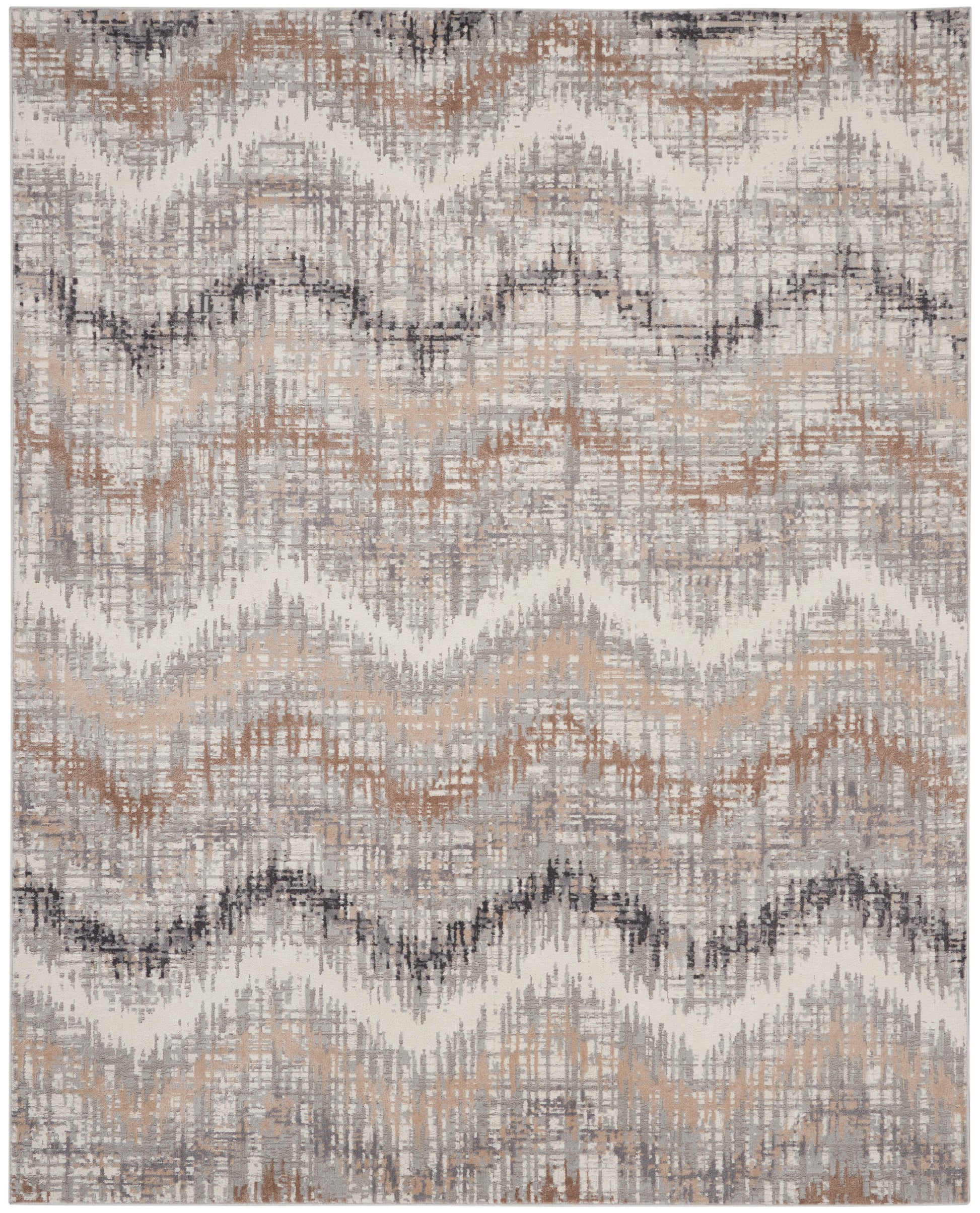 Distressed zigzag patterned area rug in beige, gray, taupe and rust tones with a woven texture.