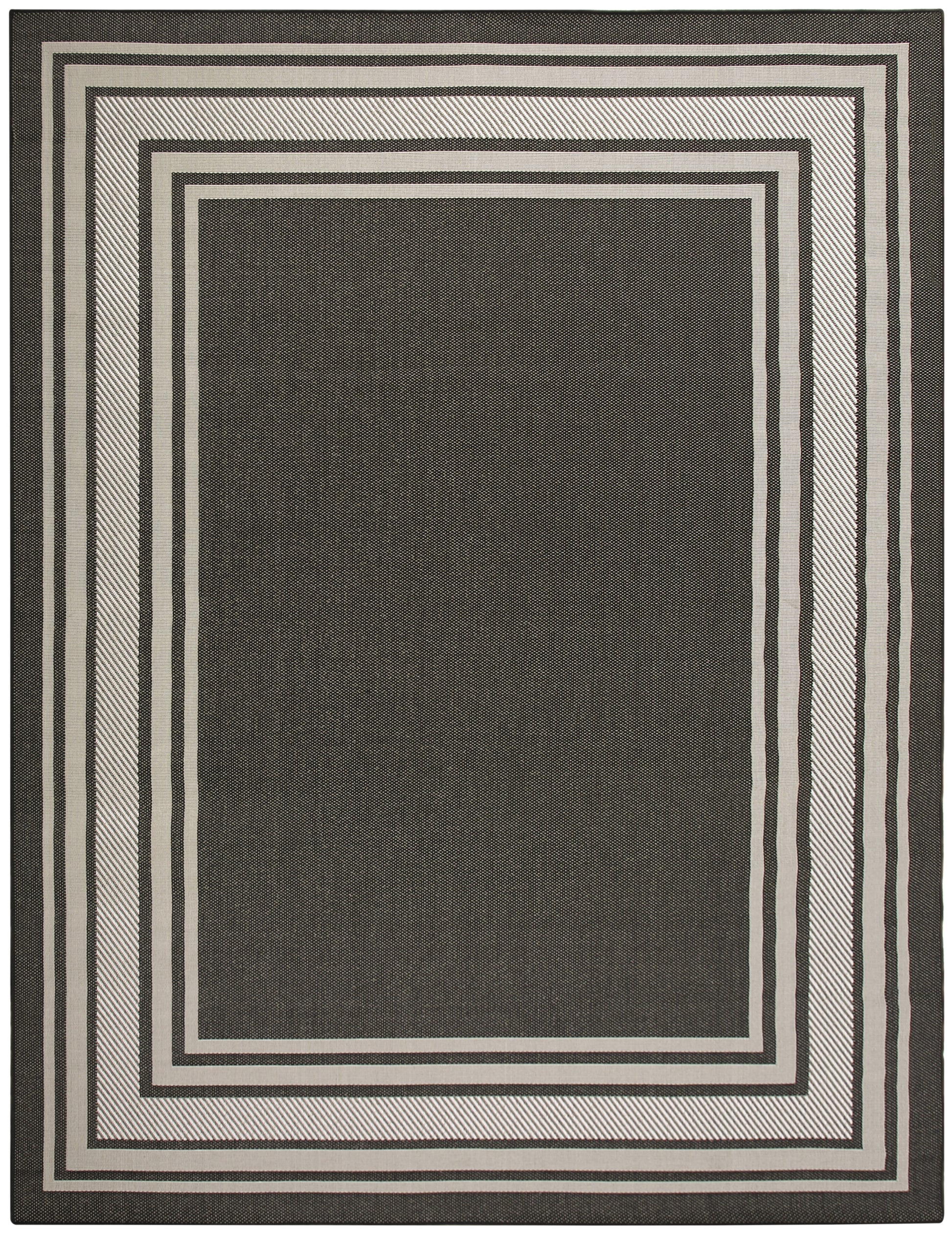 Charcoal gray area rug with nested light gray and white rectangular borders in a modern geometric design.
