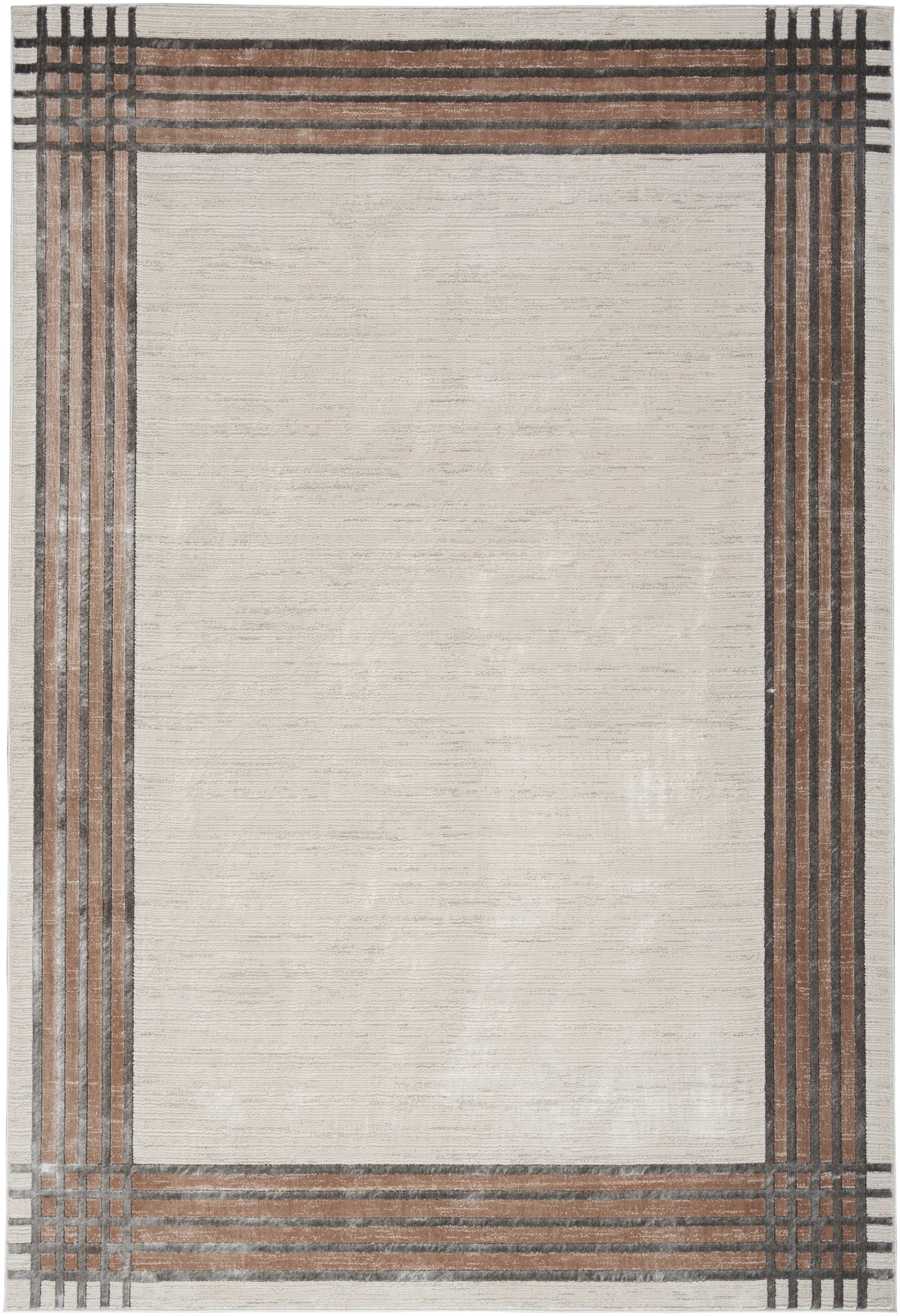Rectangular beige area rug with a dark brown and black striped grid border; modern neutral decor.