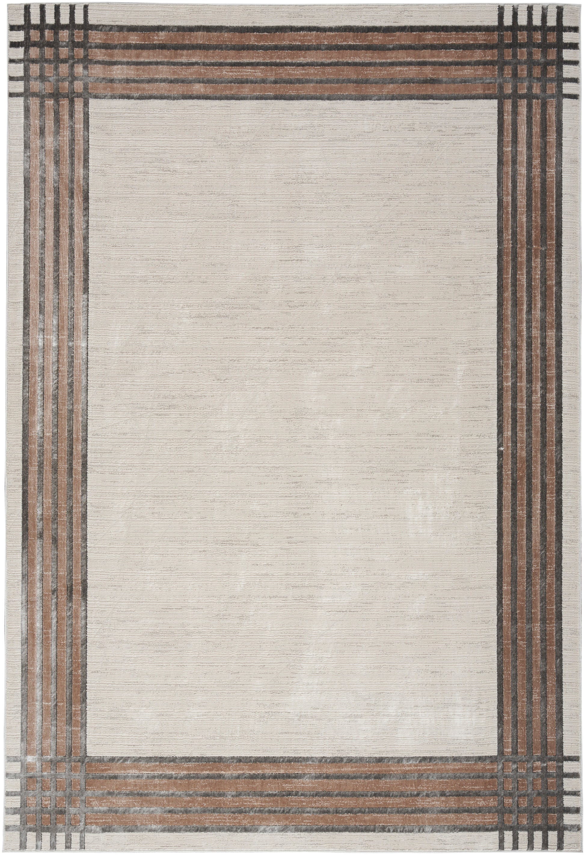 Rectangular beige area rug with a dark brown and black striped grid border; modern neutral decor.