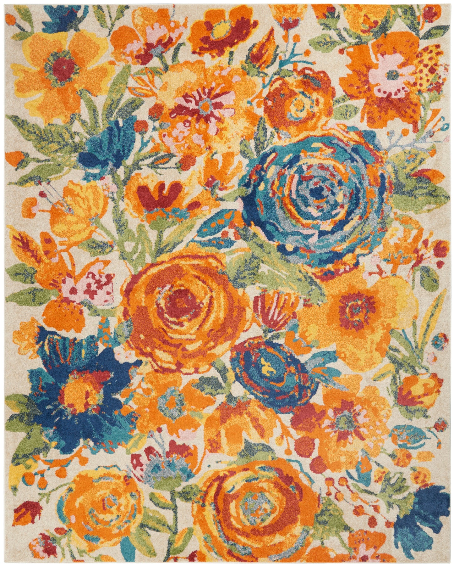 Vibrant floral area rug with large orange, yellow, and blue blossoms and green leaves in a dense bouquet pattern.