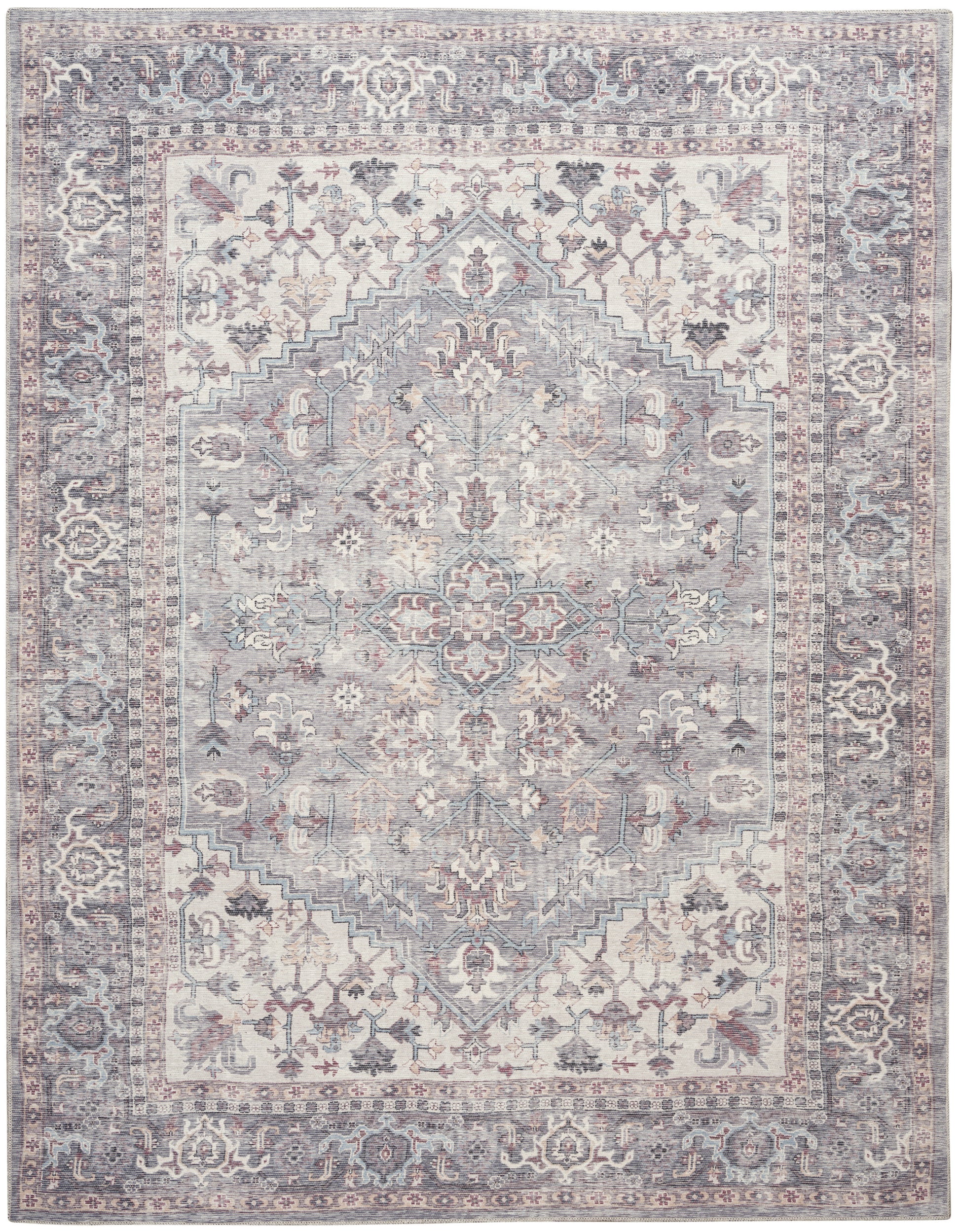 Vintage-style Persian area rug with soft blue-gray tones, ivory and blush floral motifs, central medallion, bordered frame.