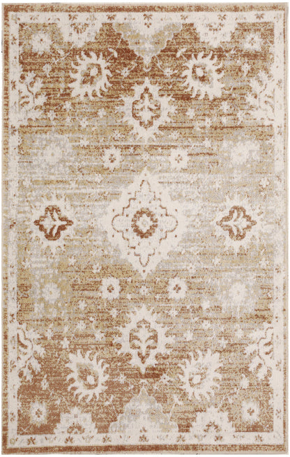 Ivory-beige oriental rug with distressed brown florals, central diamond medallion and ornate border.