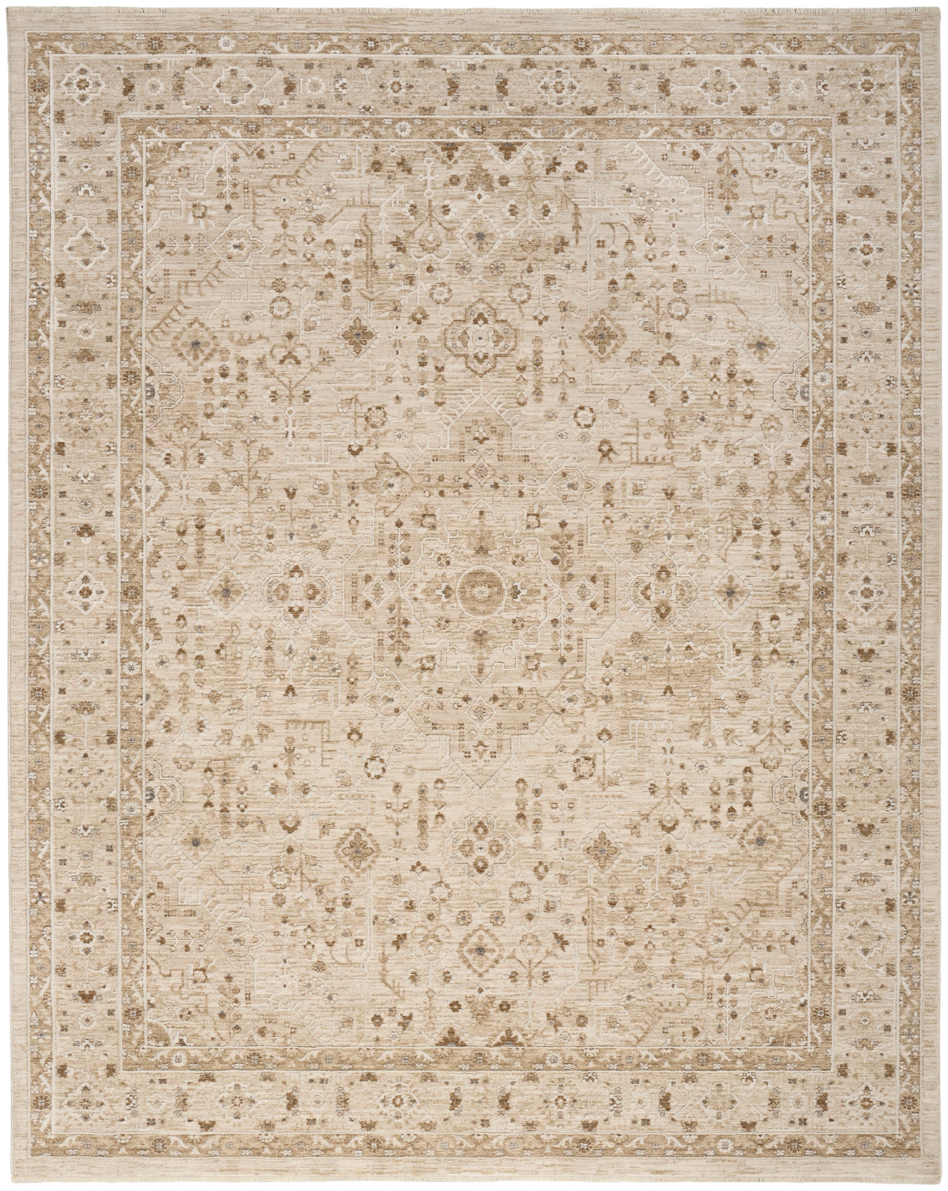 Beige cream-toned oriental area rug with subtle antique medallion design and decorative border.