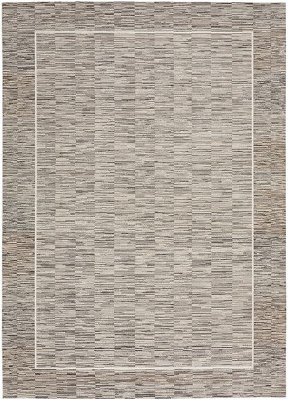 Neutral beige-gray flat-weave rug with a fine horizontal stripe texture and a pale framed inner border.