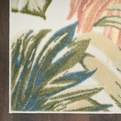Tropical leaf rug close-up: blue, green & beige leaves on white background with white border.