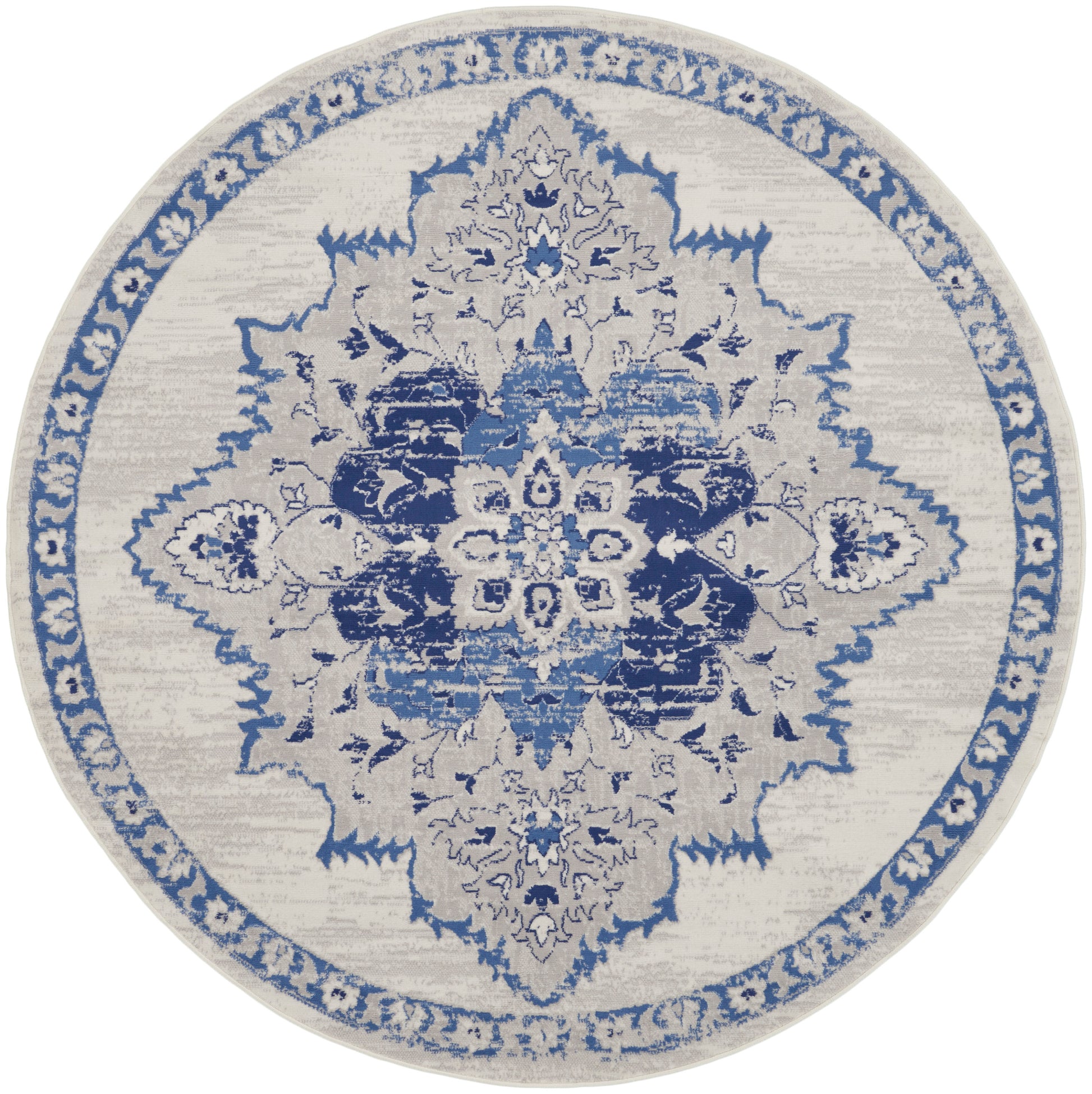 Round beige area rug with blue intricate medallion design and border, oriental/traditional style.