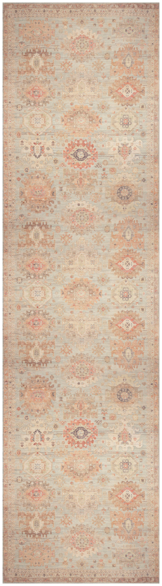 Long hallway runner rug in dusty pink and cream with soft blue accents, faded oriental medallions, vintage distressed look.