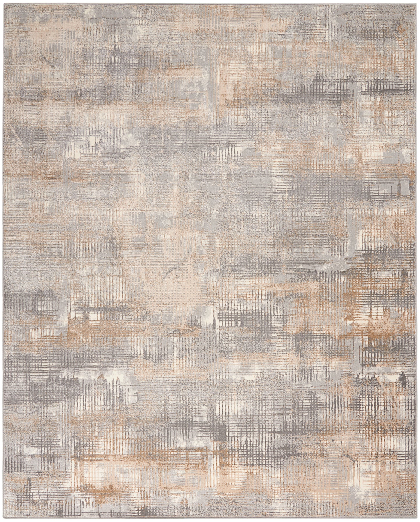 Abstract gray and beige rug with a textured patchwork grid and distressed finish.
