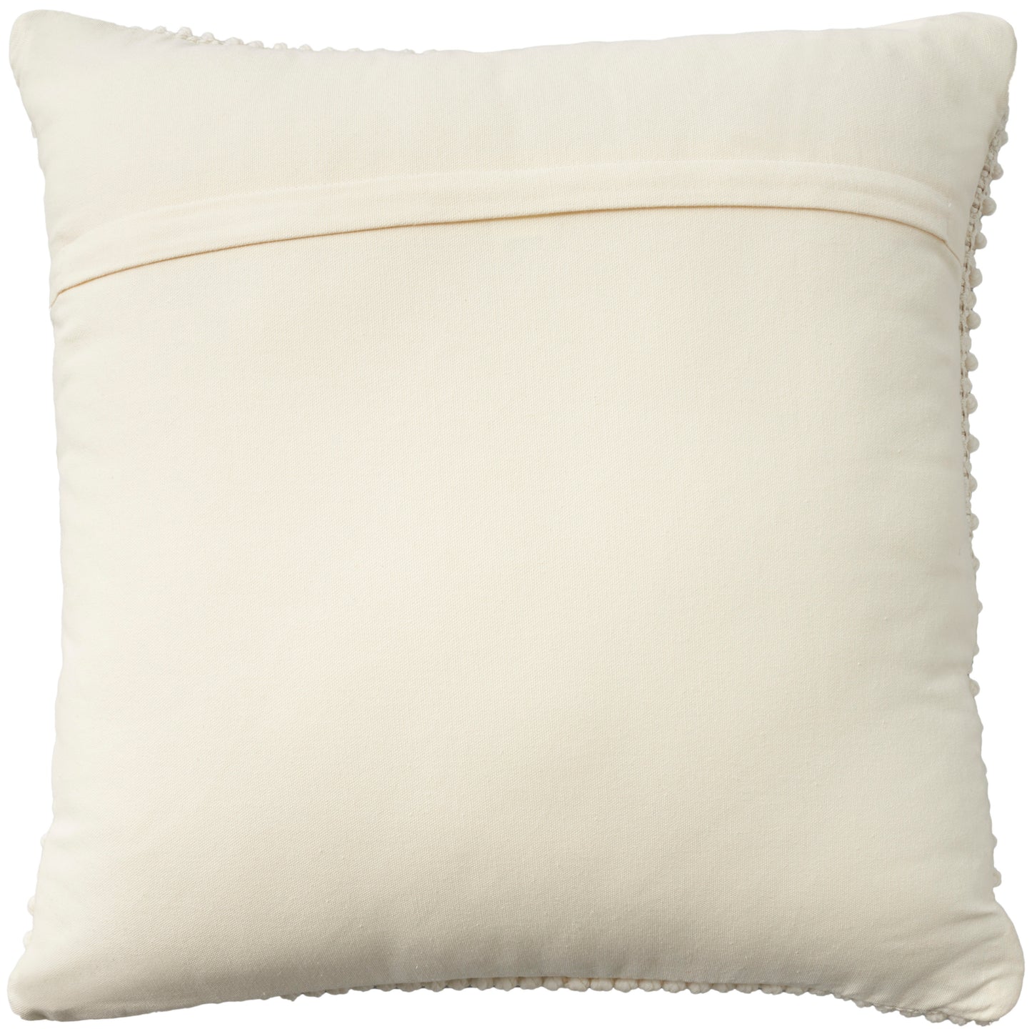 Cream square decorative pillow with tassel-edged trim and a curved top band.