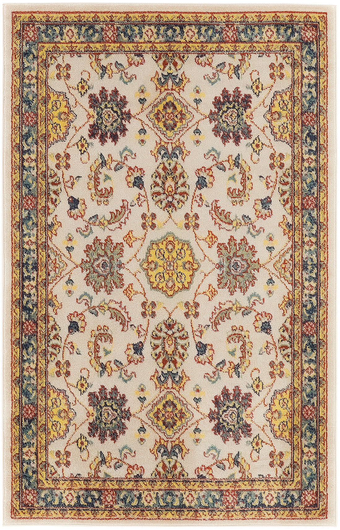 Cream oriental rug with detailed multicolored floral medallions and scrolling vines, bordered in yellow, blue and red.