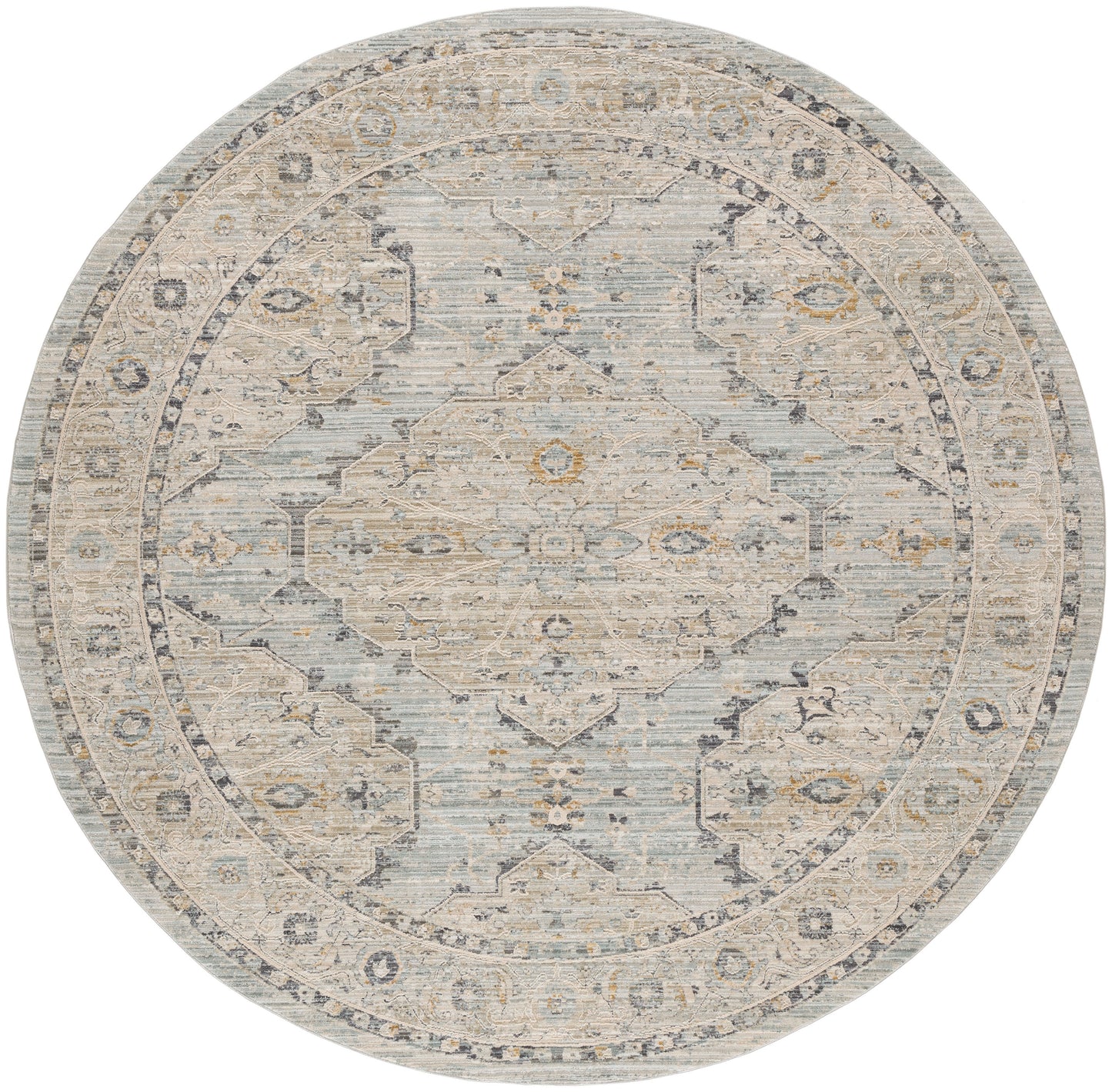 Round vintage-style oriental rug in muted ivory, taupe and blue-gray with central medallion and floral border.