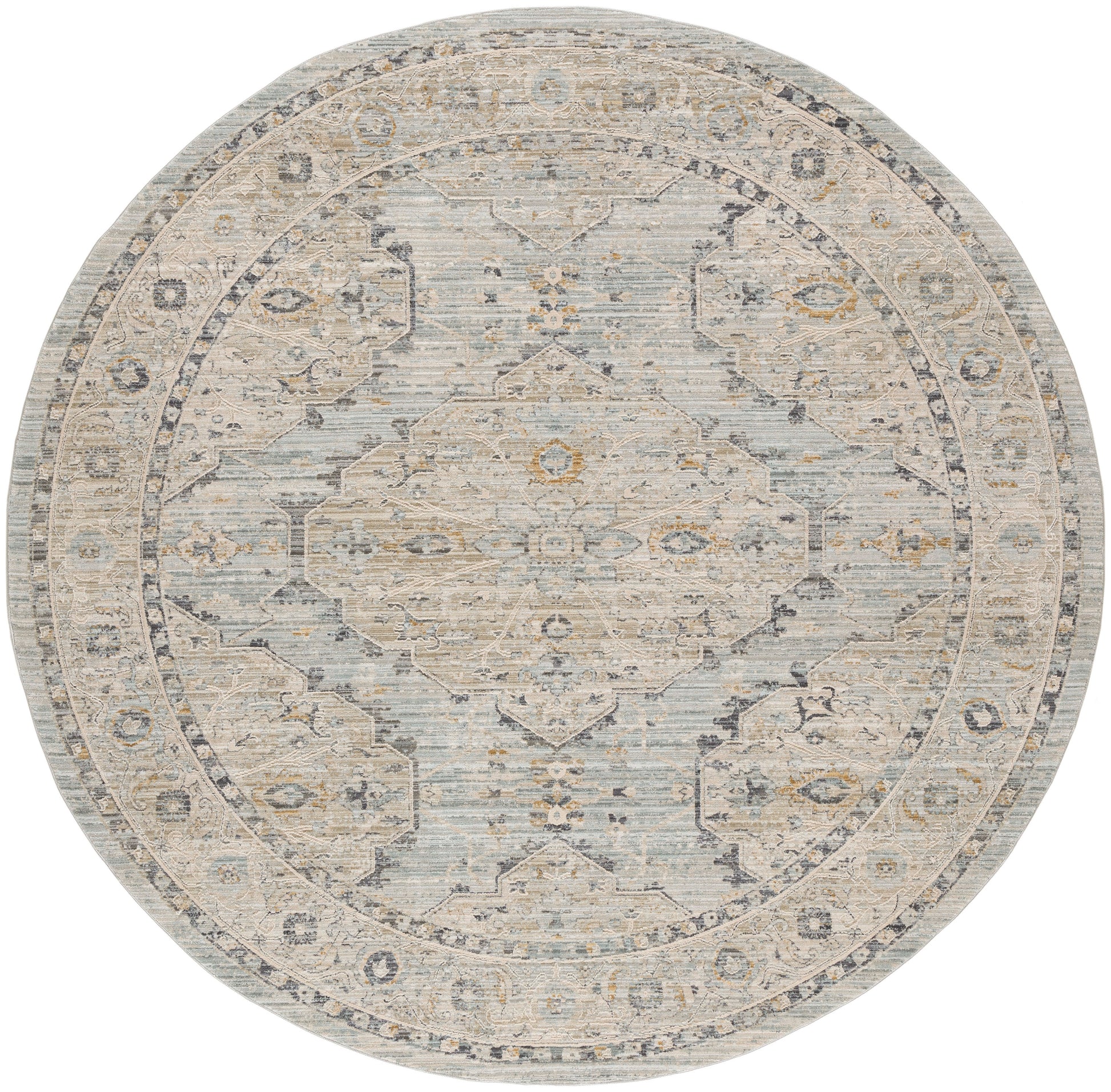 Round vintage-style oriental rug in muted ivory, taupe and blue-gray with central medallion and floral border.
