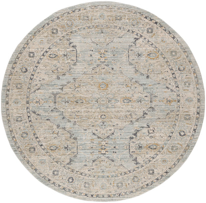 Round vintage-style oriental rug in muted ivory, taupe and blue-gray with central medallion and floral border.