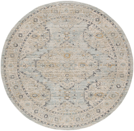 Round vintage-style oriental rug in muted ivory, taupe and blue-gray with central medallion and floral border.