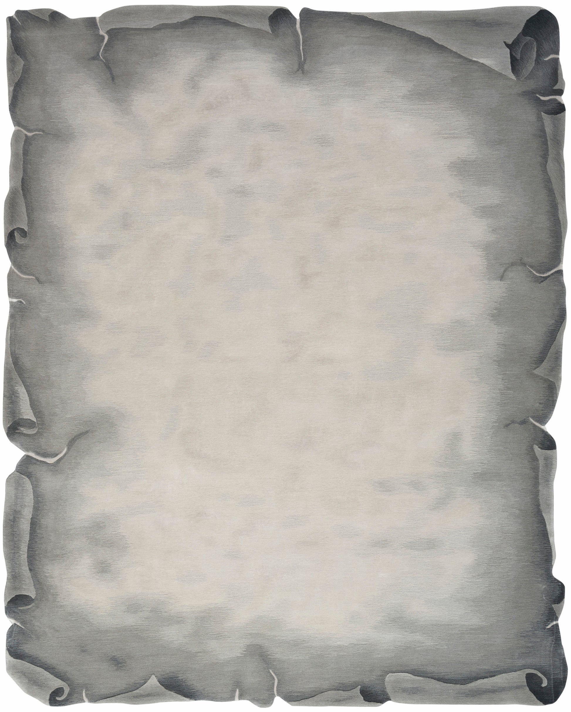 Weathered parchment-inspired rug with curled edges and pale beige center; modern 9' x 12' rug.