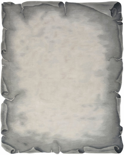 Weathered parchment-inspired rug with curled edges and pale beige center; modern 9' x 12' rug.