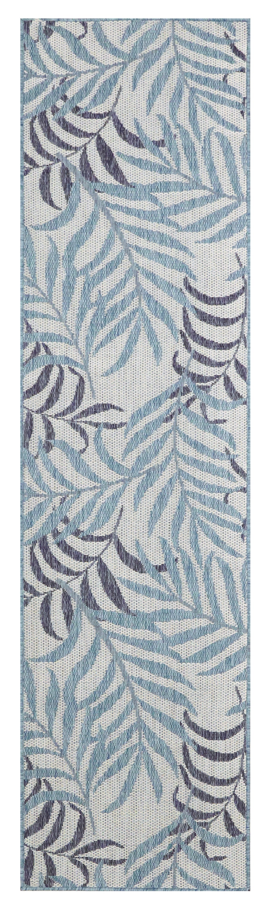 Rectangular tropical palm leaves runner rug with light blue leaves and purple fronds on a pale gray background.