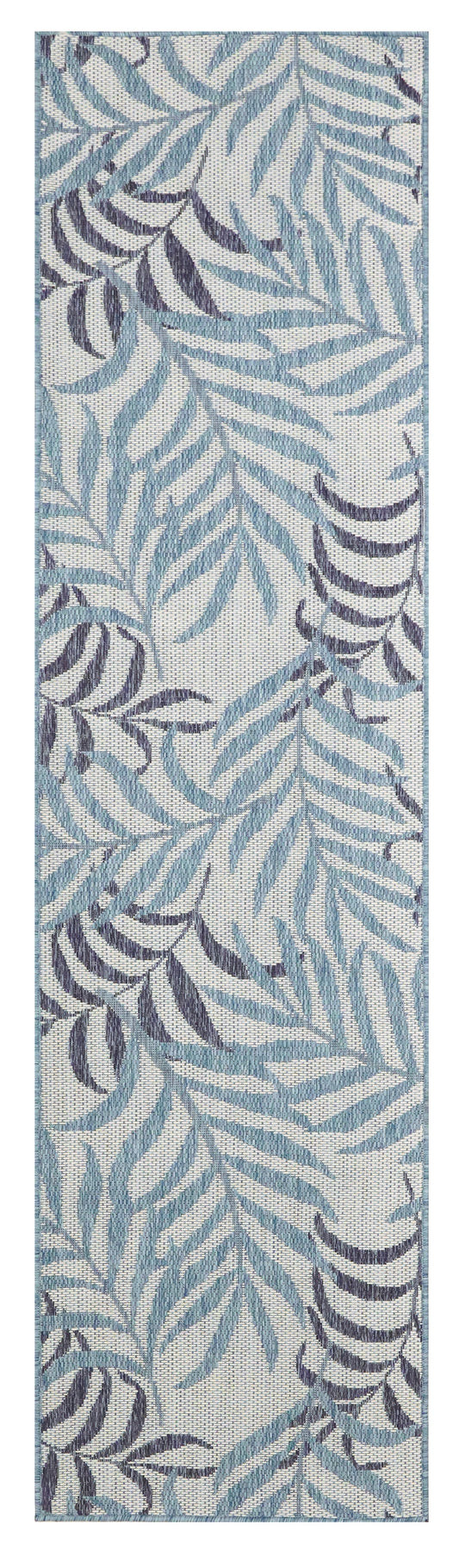 Rectangular tropical palm leaves runner rug with light blue leaves and purple fronds on a pale gray background.