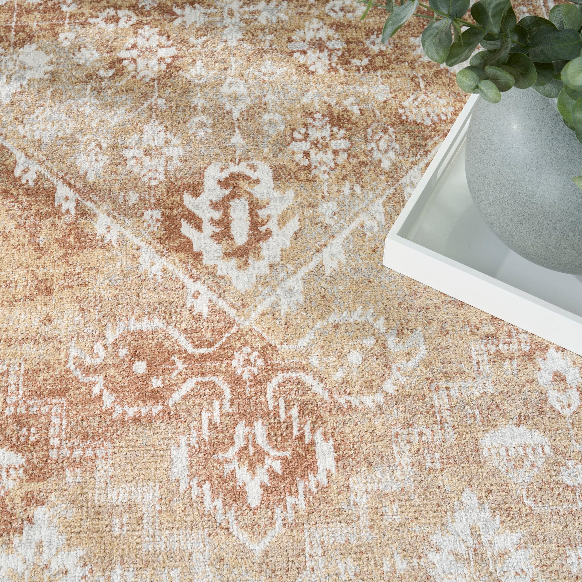 Beige oriental patterned area rug with ivory medallions; white tray and gray planter with green foliage nearby.