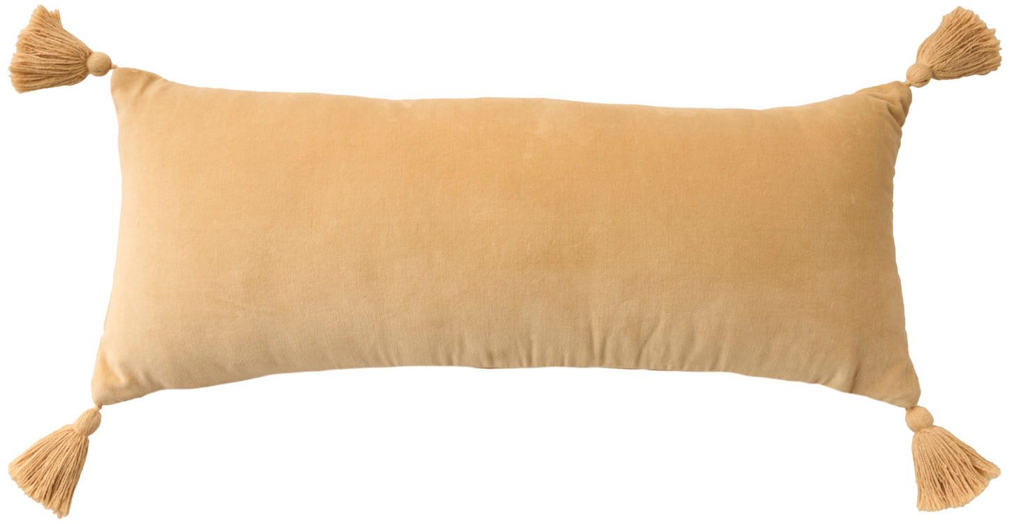 Rectangular seafoam velvet throw pillow with tassels at each corner, 12 x 28 inches.