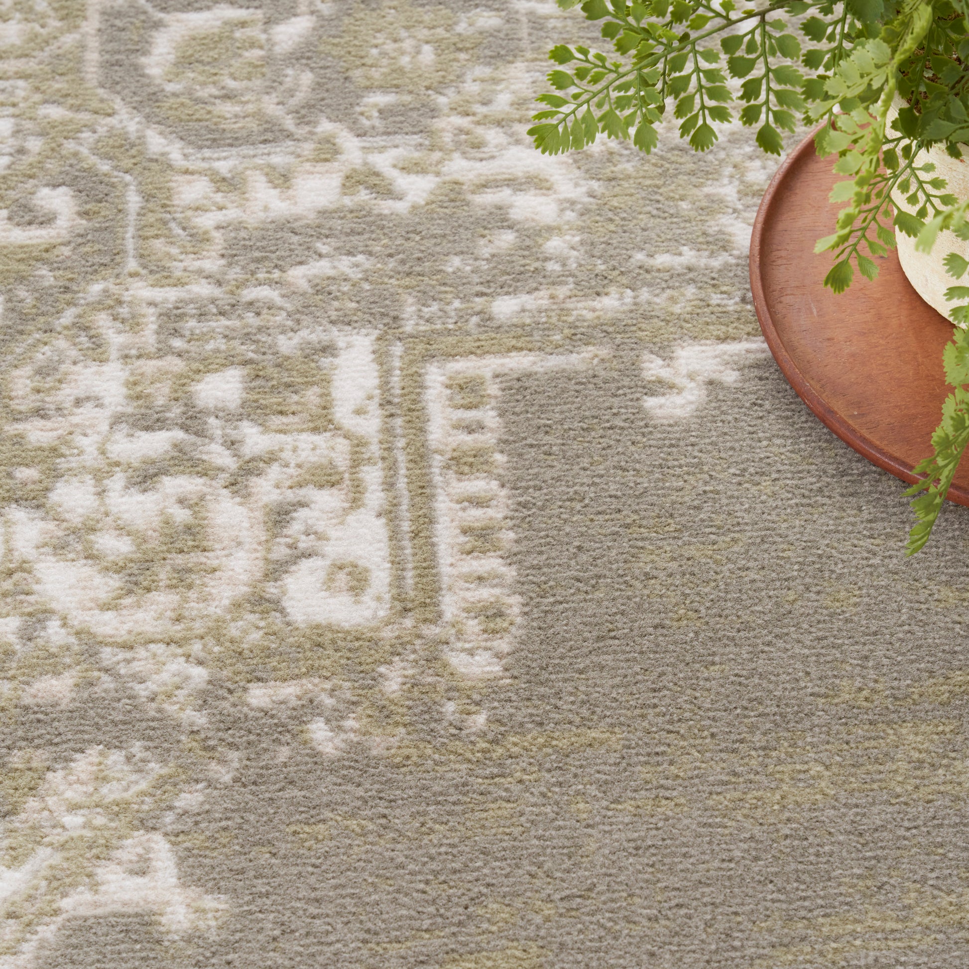 Neutral beige-gray oriental rug with ivory motifs; green fern on a round terracotta tray in corner.