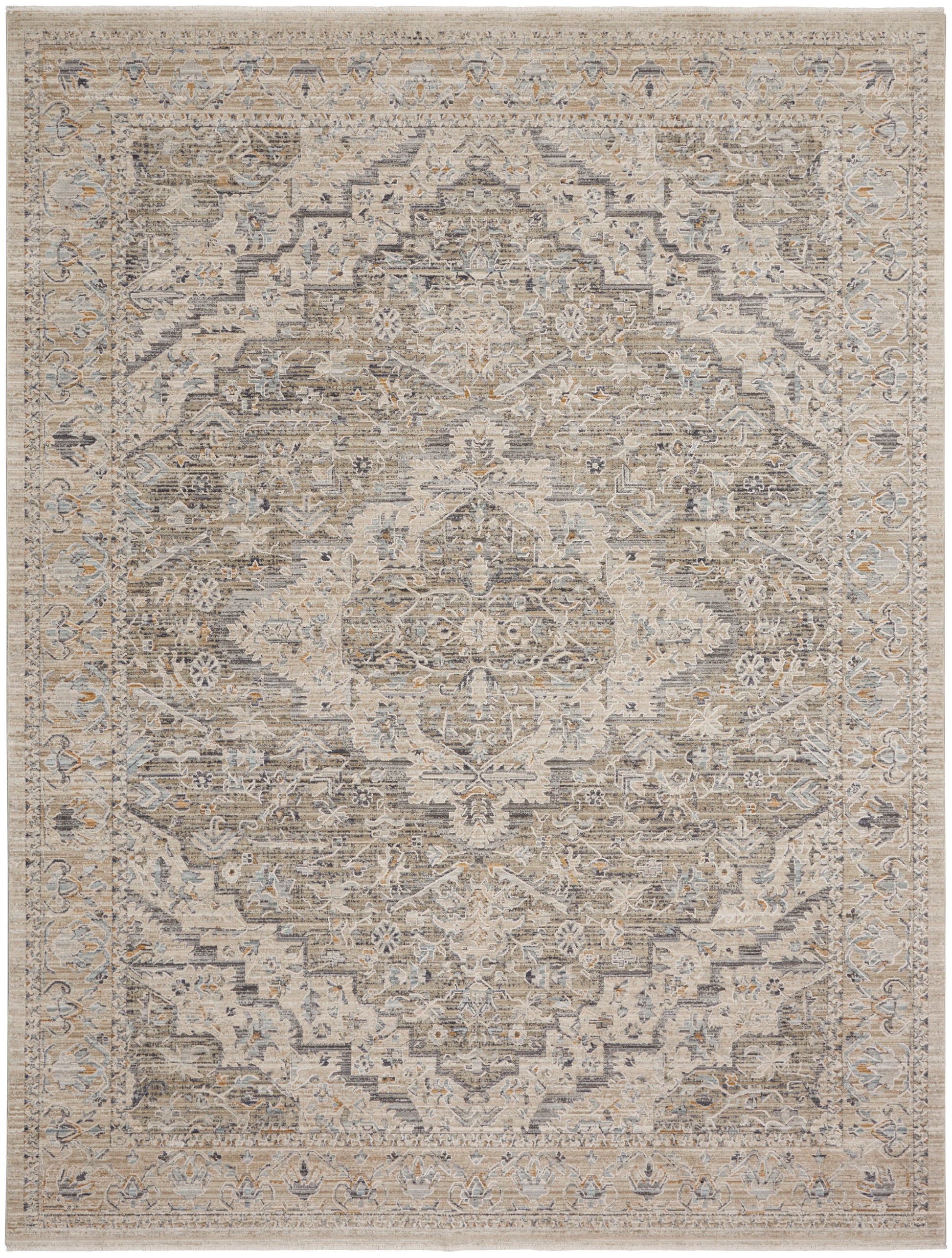 Rectangular oriental rug in muted beige, gray and pale blue with a distressed antique finish, central medallion.