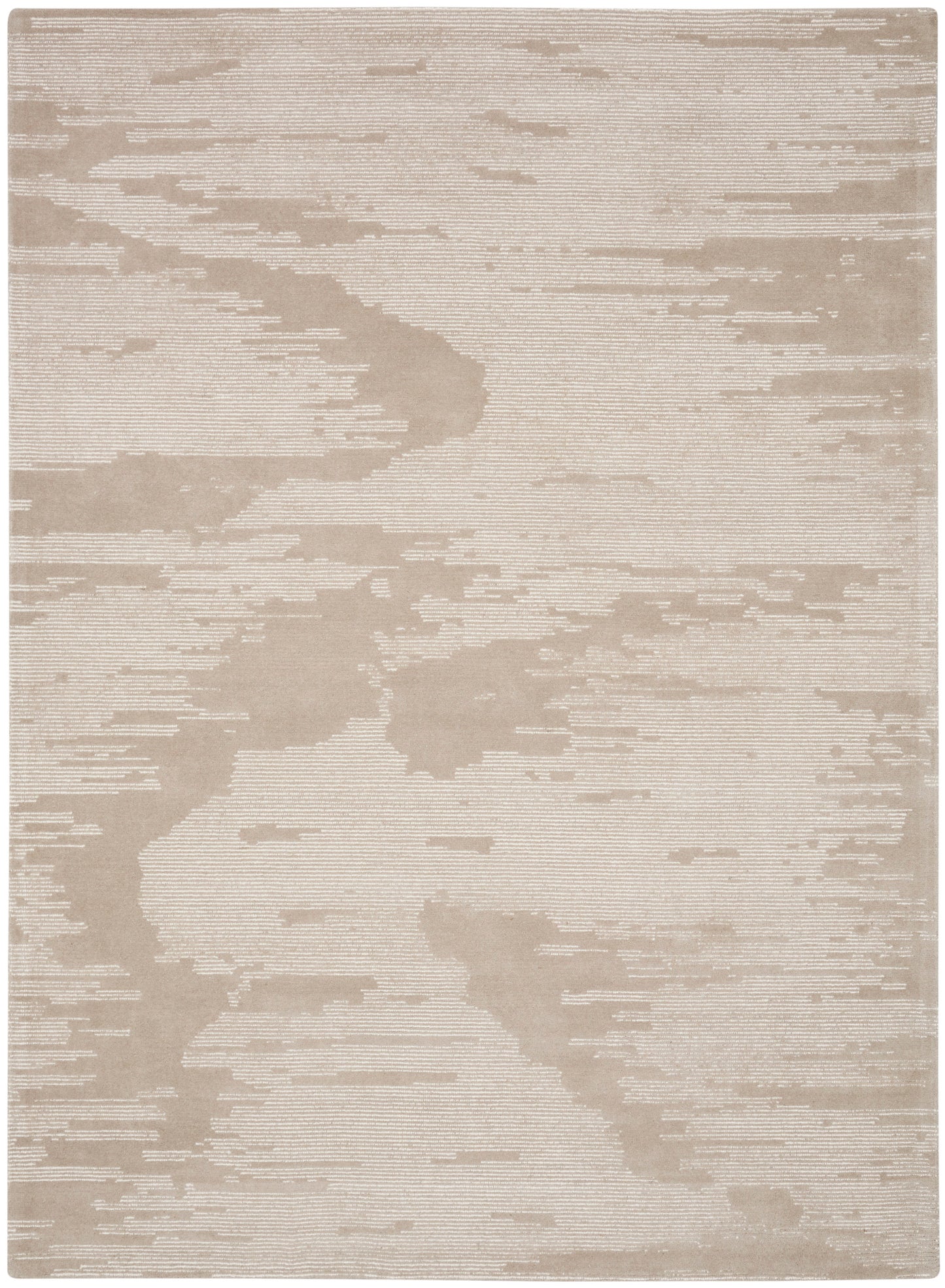 Neutral beige abstract-pattern area rug with tan and cream tones, modern camo-like design.
