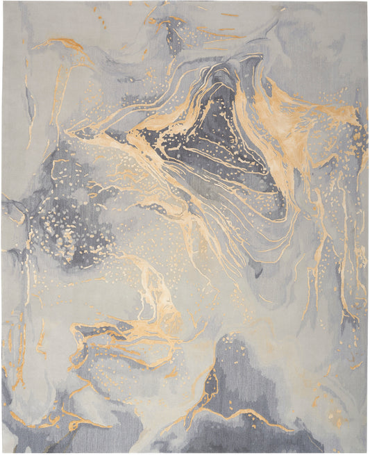 Abstract marble-inspired area rug in gray-blue with gold metallic swirls for modern living spaces.
