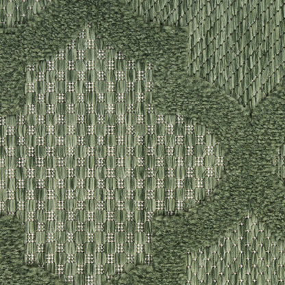 Olive green woven runner rug (10' long) with geometric lattice pattern & shaggy raised borders for soft floor decor.