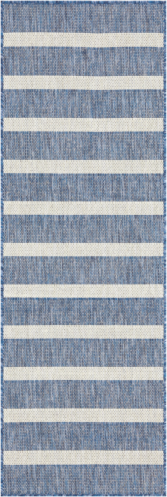 Blue and cream striped woven rug runner; denim blue stripes, ivory bands, braided edge, casual coastal style.
