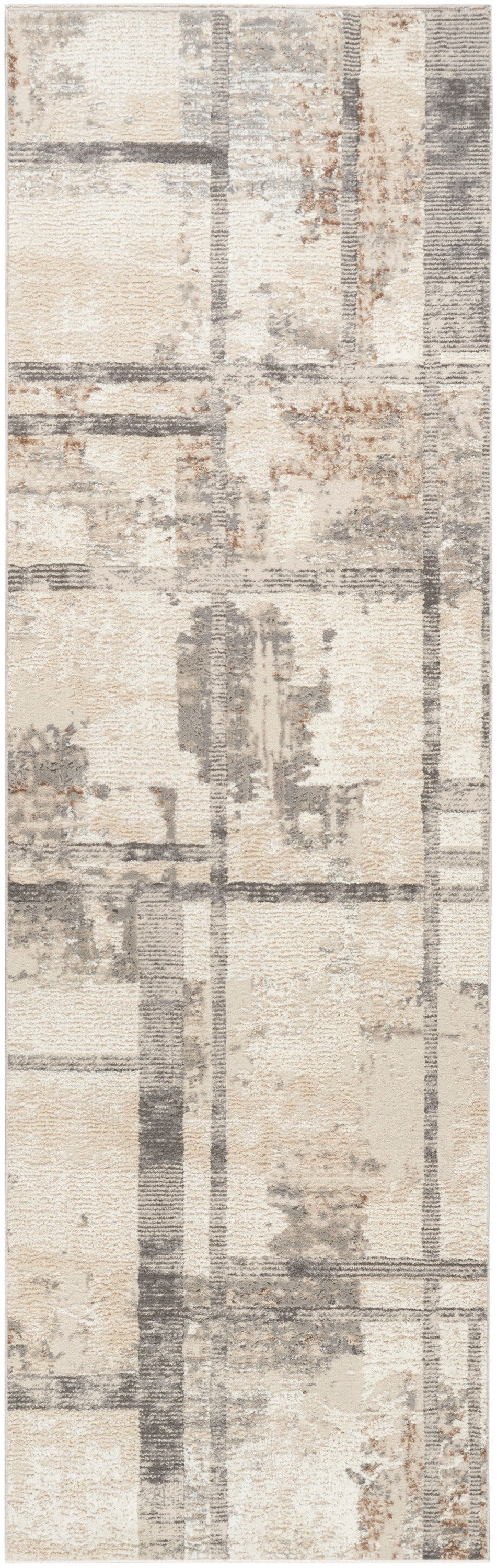 Rectangular abstract area rug in neutral beiges, grays and taupe with distressed patchwork grid pattern.
