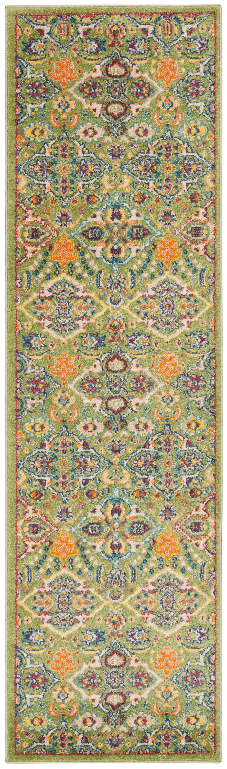 Green oriental runner rug with vivid multicolor floral/medallion pattern; low-pile woven hallway decor.