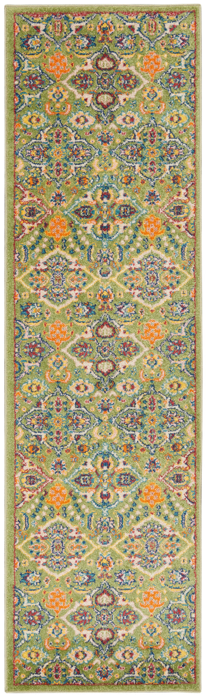 Green oriental runner rug with vivid multicolor floral/medallion pattern; low-pile woven hallway decor.