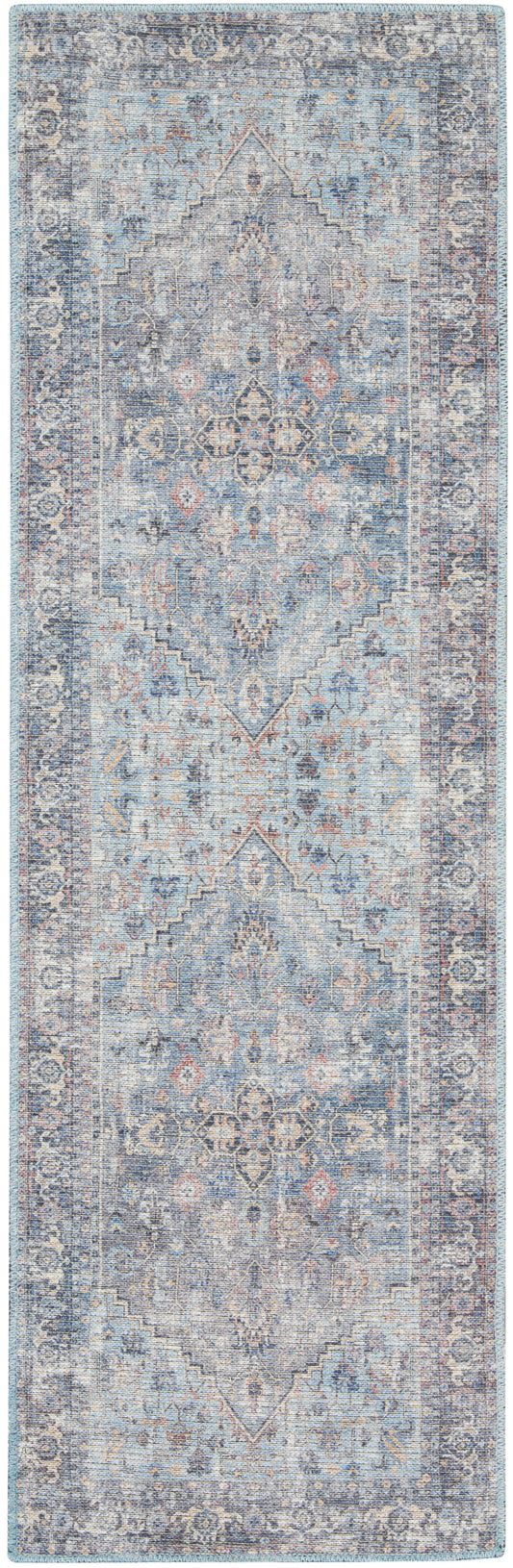 Blue distressed oriental runner rug with central medallions, ivory accents and a floral border.