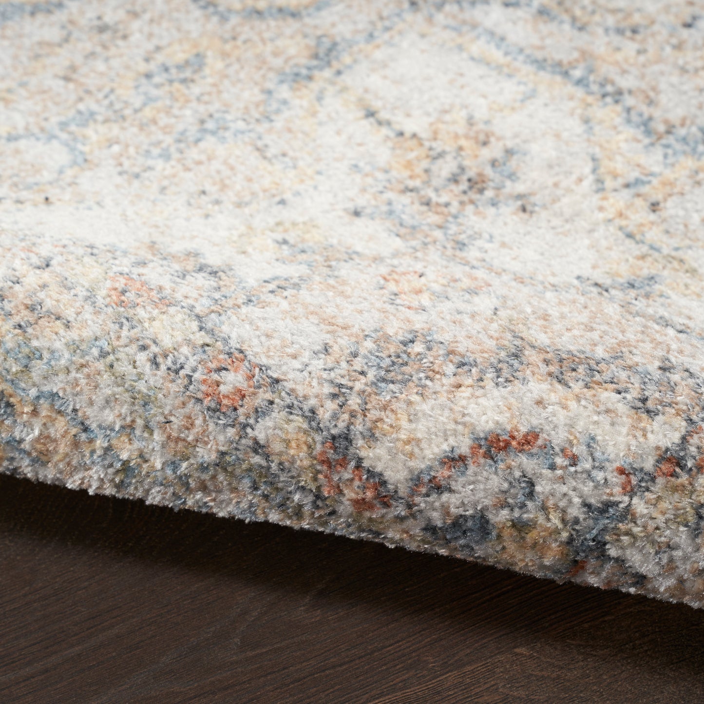 Soft textured area rug in cream, pale blue, gray and peach; abstract floral pattern, thick pile on dark wood floor.